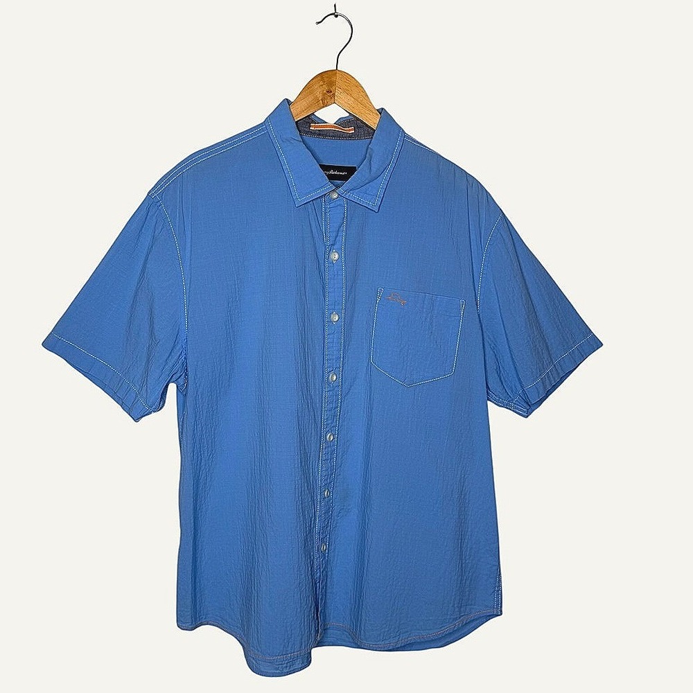 Tommy Bahama Shirt Mens XL Blue‎ Seersucker Cotton Blend Contrast Stitch Camp